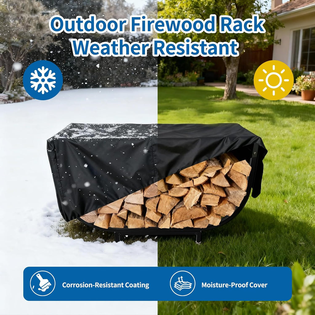 35’’ Firewood Rack Outdoor w Thicken Cover, Curved Metal Wood Rack Indoor