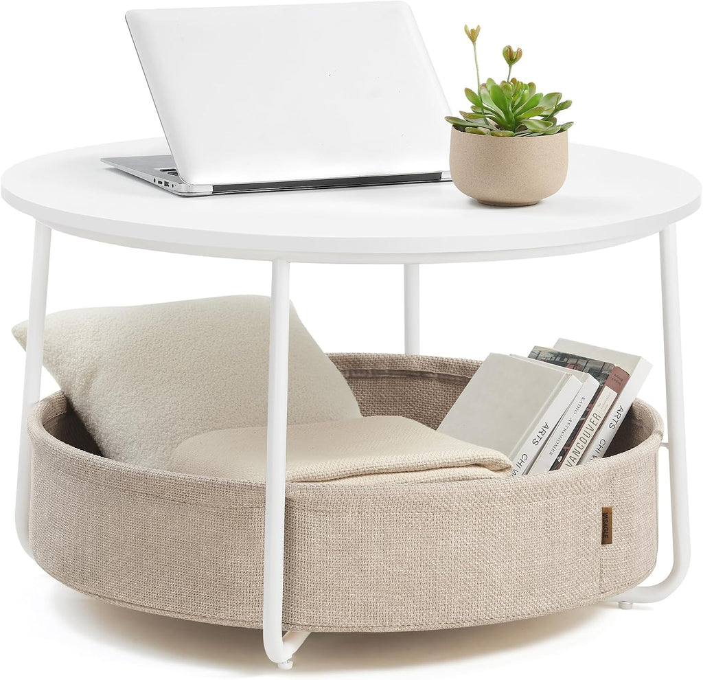 VASAGLE Round Coffee Table with Storage, Fabric Basket, Metal Frame