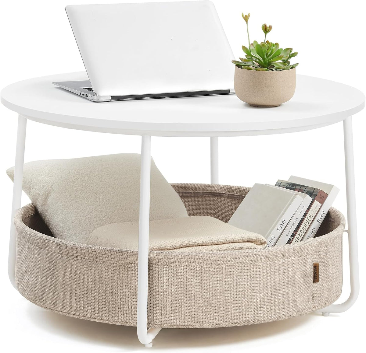 VASAGLE Round Coffee Table with Storage, Fabric Basket, Metal Frame