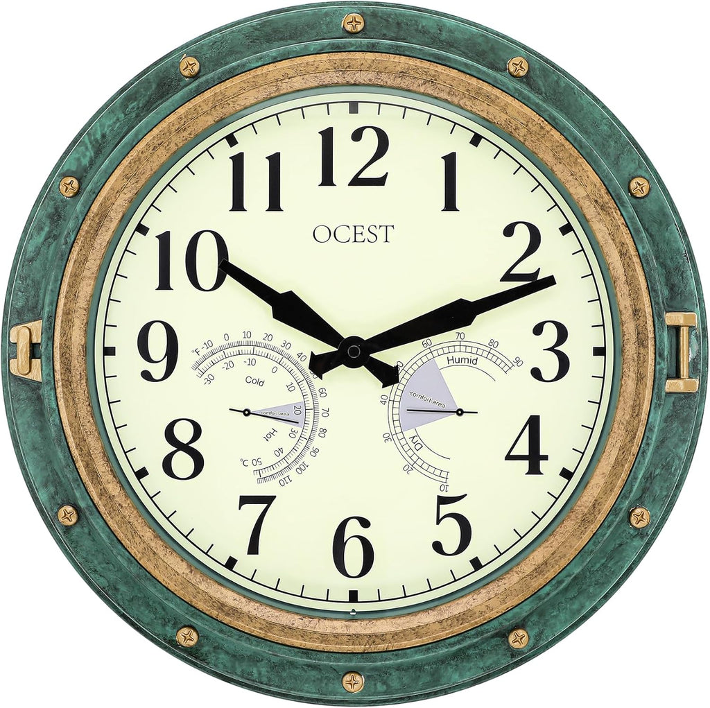 OCEST 16 Inch Waterproof Outdoor Wall Clock, Thermometer Hygrometer