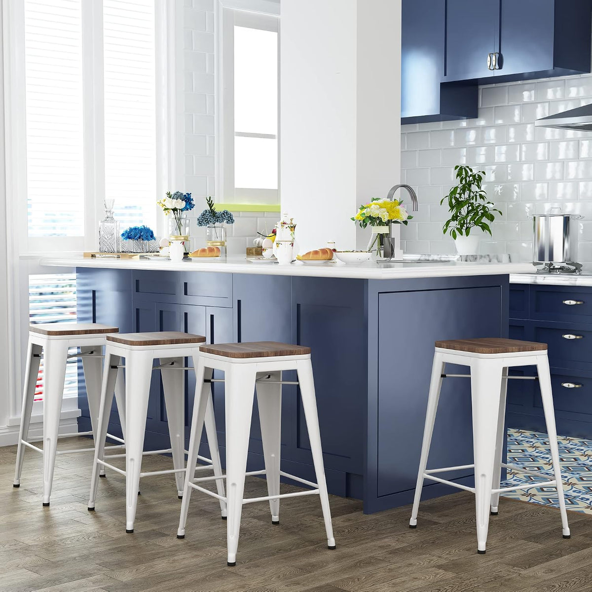 26" Backless Metal Bar Stools Set of 4 (Cream White)