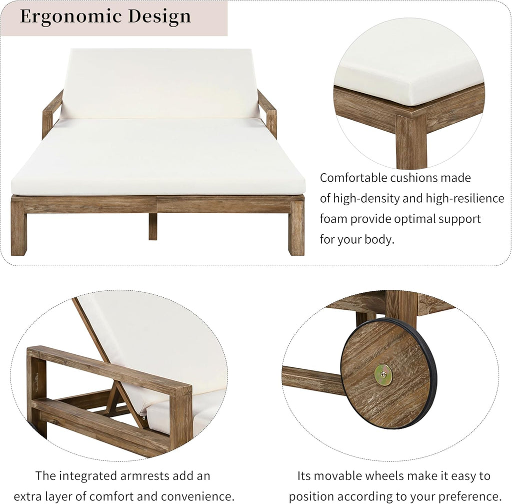 Farmhouse-Style Acacia Wood Outdoor Daybed for 2,Weather-Resistant Patio Lounger with 4-Position Adjustable Backrest & Wheels,High-Resilience Foam Cushions,for Poolside, Garden(Beige)