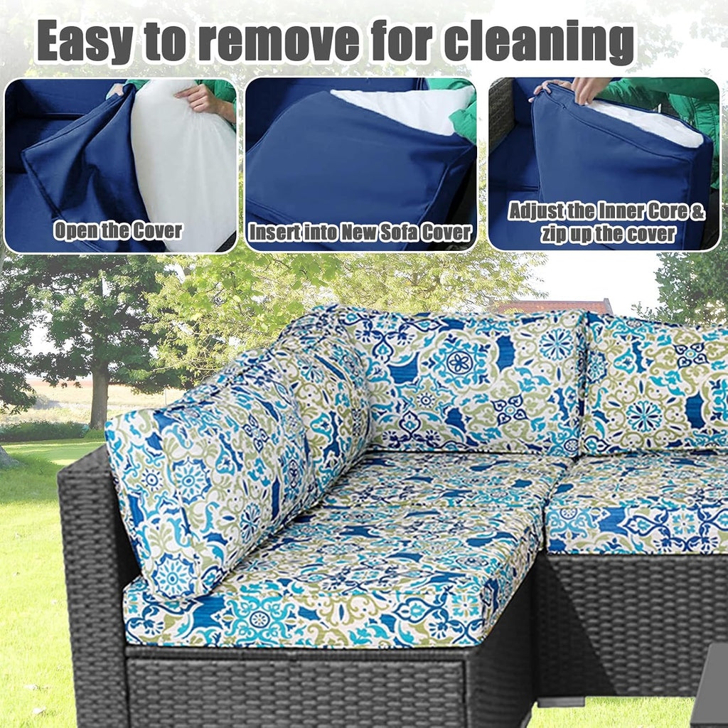 14 Piece Patio Cushion Covers Replacement Splashproof Fade Resistant Outdoor Sofa Slipcovers with Zippers for Deck & Porch Furniture (Moroccan Pattern,23.6x23.6x3.94 Inches)