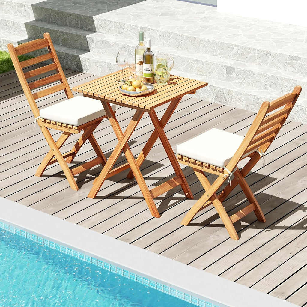 Tangkula Outdoor Wood Bistro Set, Folding Chair Table Set w/Soft Seat Cushions, Acacia Wood High Back Armless Chairs w/Table, Patio Cushioned Dining Set for Backyard, Poolside (White)