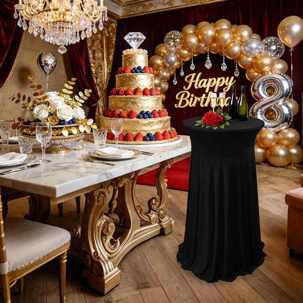 6 Pack Round Spandex Cocktail Table Tablecloth with Skirts, 32 x 43 Inch Black Spandex High Top Cocktail Table Covers, Stretch Fitted Round Cocktail Tablecloths for High Top Bar Party Wedding Banquet