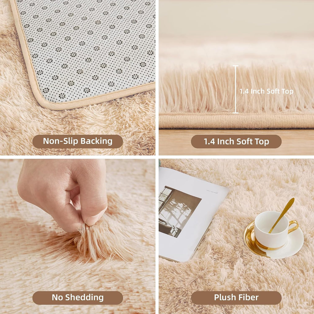 Litanika 6x9 Shag Area Rug for Bedroom, Tie-Dyed Beige Plush Rug