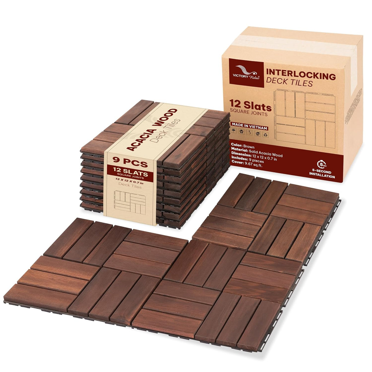 VICTORY RELAX Natural Acacia 12x12 Interlocking Wood Deck Tiles for Balcony, Garden, Patio, Poolside Decor - Waterproof Indoor & Outdoor Flooring - Square Joints (9, Walnut, 12 slats) (9 PCS)