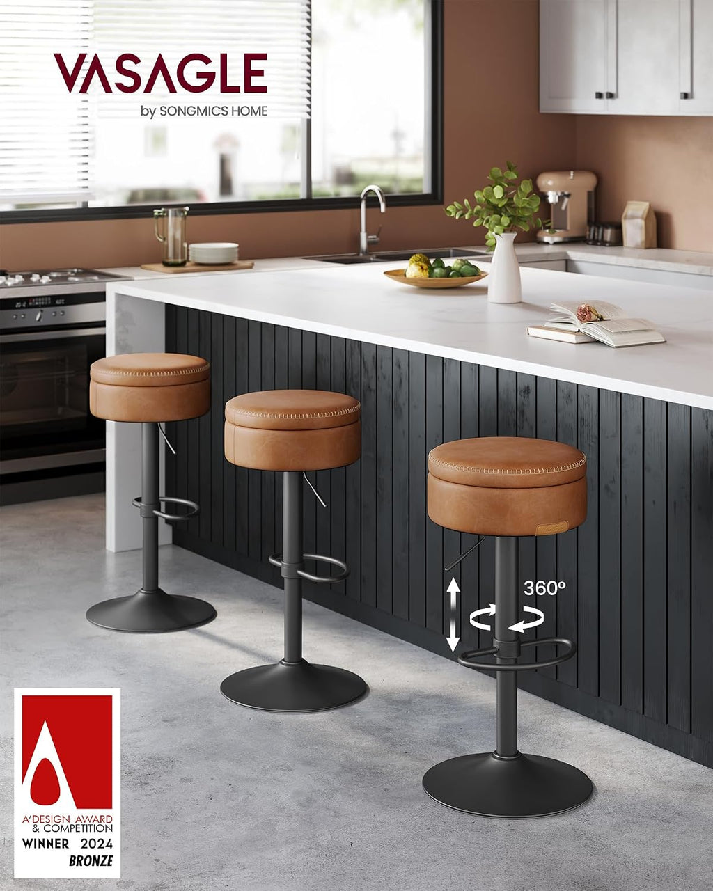 VASAGLE 360° Swivel Bar Stools Set of 2, Height Adjustable, with Storage
