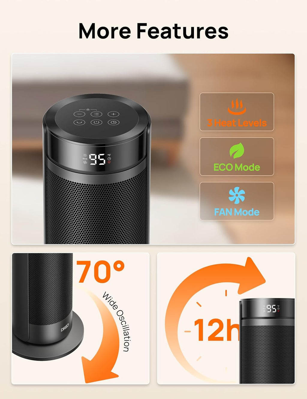 DREO Space Heater for Large Room, Safe Electric Heaters for Indoor Use