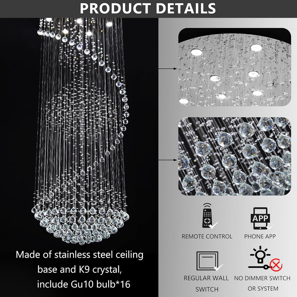 D40'' x H120'' Crystal Chandelier High Ceiling Chandeliers for Staircaes Large Raindrop Chandeliers LED Dimmable Flush Mount Light Fixtures for Foyer Hallway Entryway LED Bulbs Included Silver