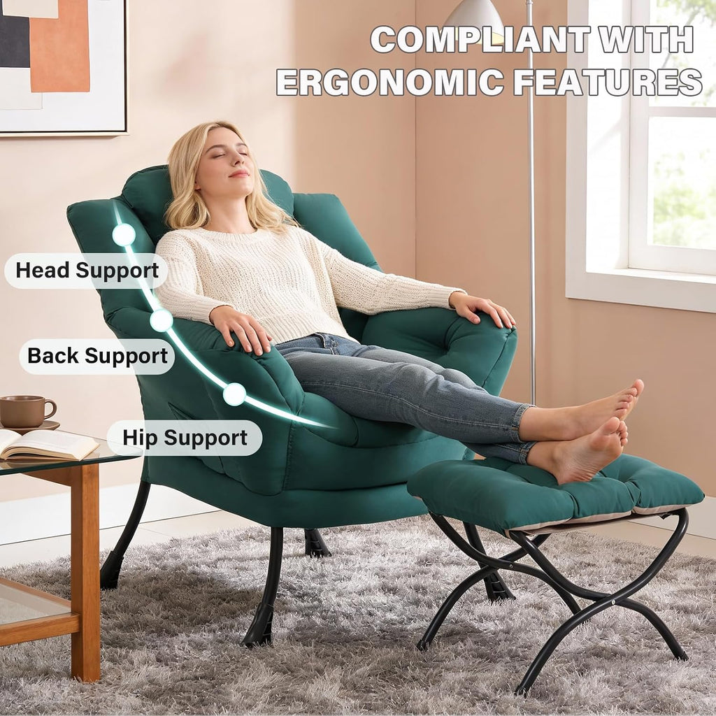Modern Lazy Chair with Ottoman, Comfy Accent Reading Chair, Dark Green
