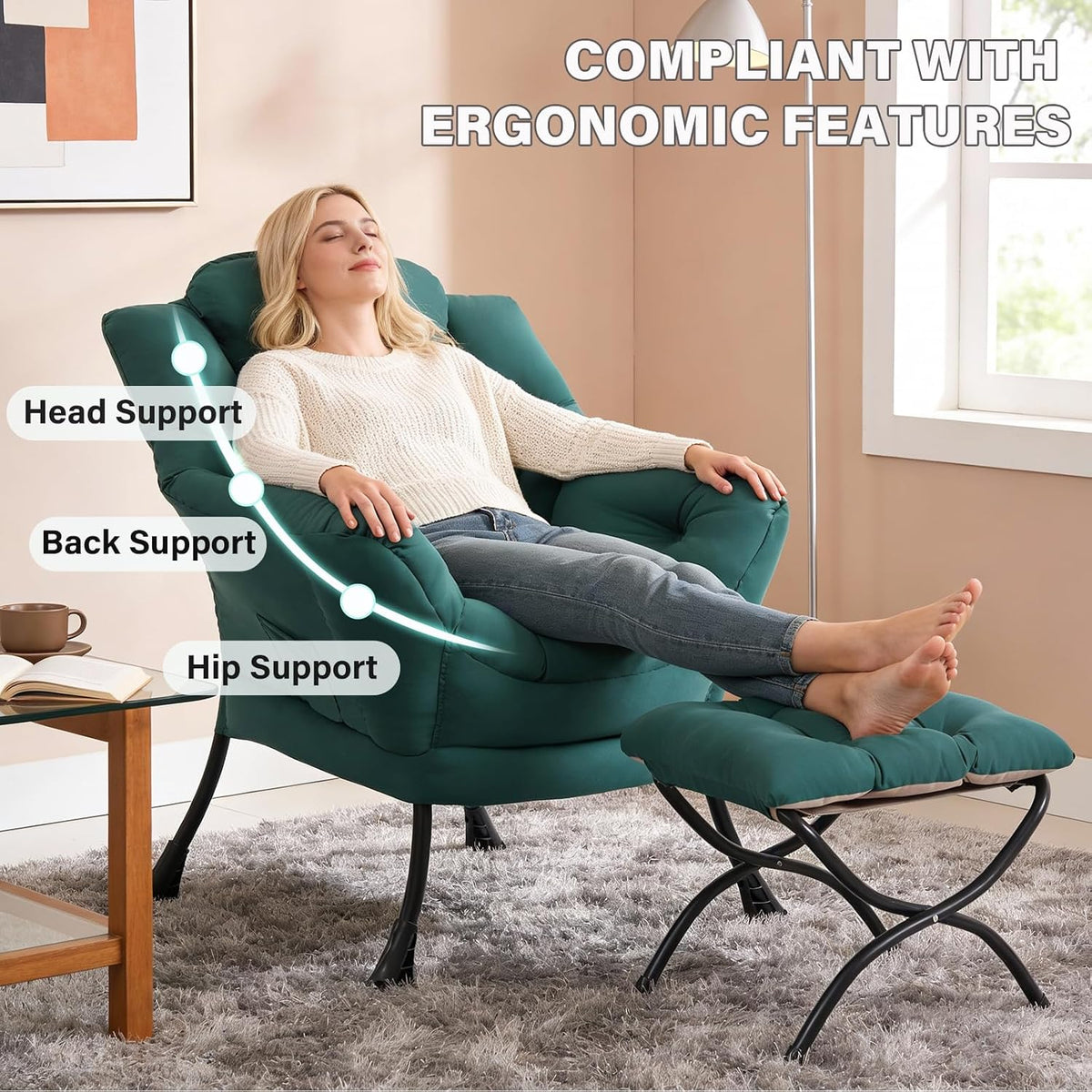 Modern Lazy Chair with Ottoman, Comfy Accent Reading Chair, Dark Green