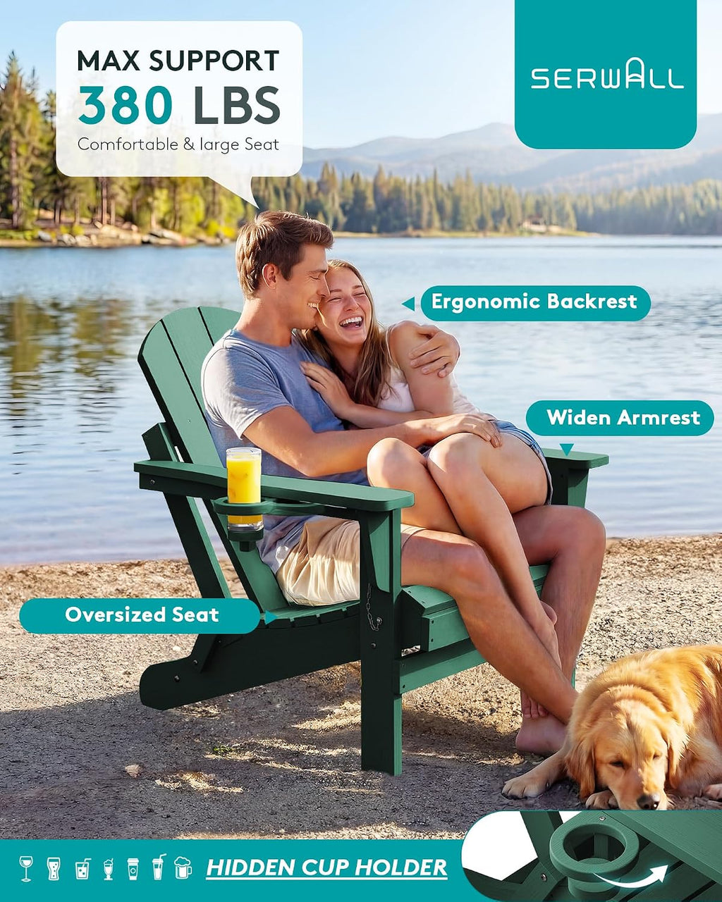 SERWALL Folding Adirondacks Chair Set of 6 with Cup Holder for Patio- Green