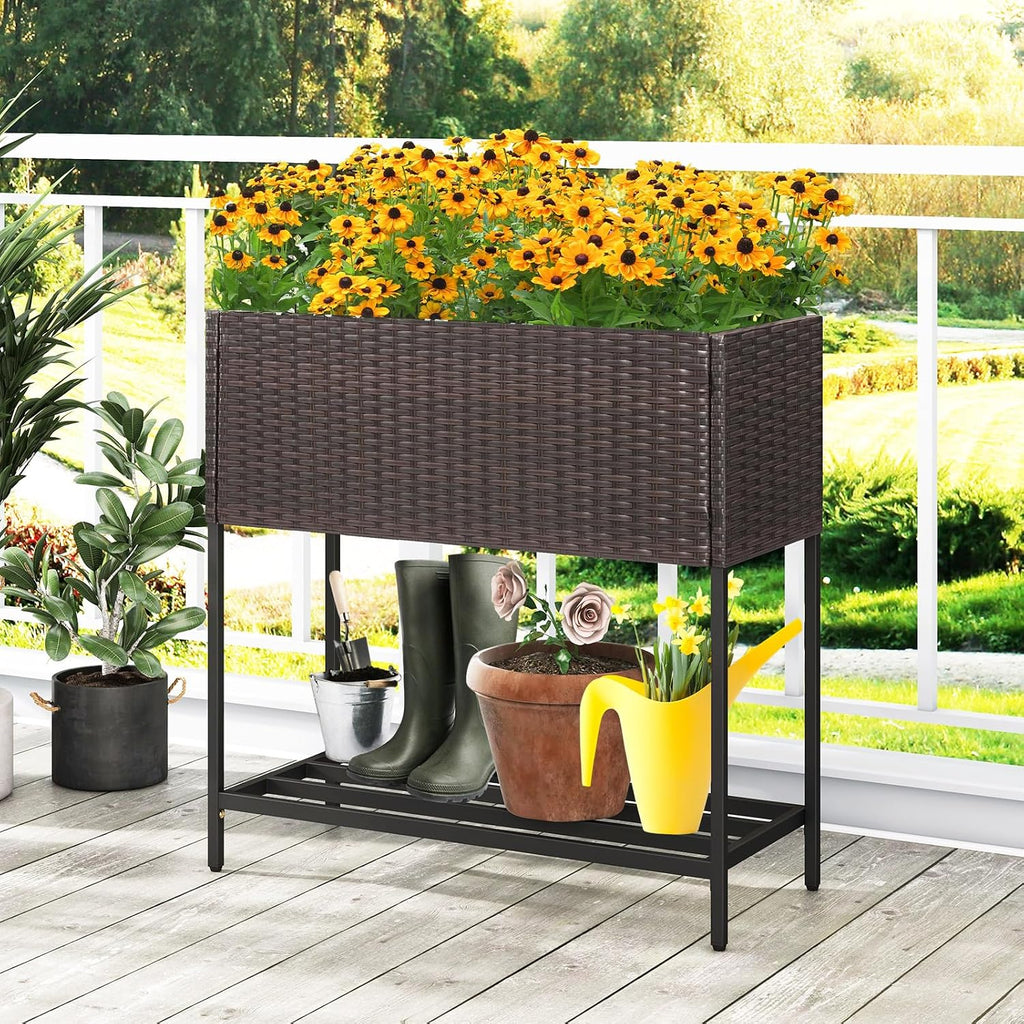 Giantex Raised Garden Bed with Legs, 28" x12" Rattan Elevated Planter Box w/Storage Shelf, Removable Liner, Drainage Gaps for Vegetables, Flowers & Herbs, Outdoor Planting Stand for Backyard, Patio