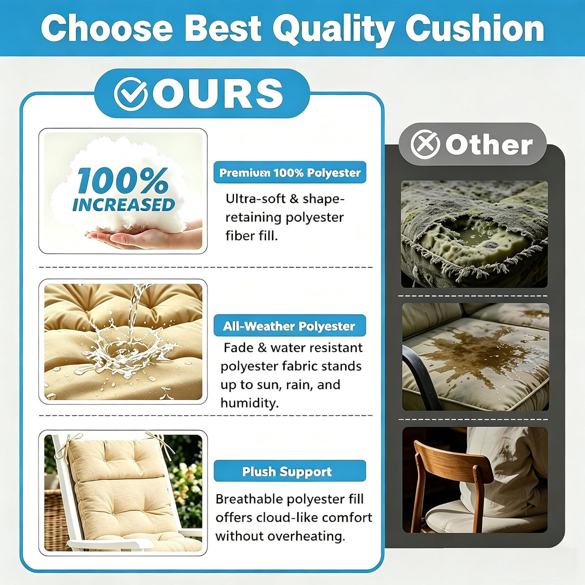 QILLOWAY Waterproof Adirondack Chair Cushion,High Back with Anti-Slip Ties, Thick Replacement Patio Seat Cushion,for Indoor/Outdoor Rocking Chair,Tan/Grey