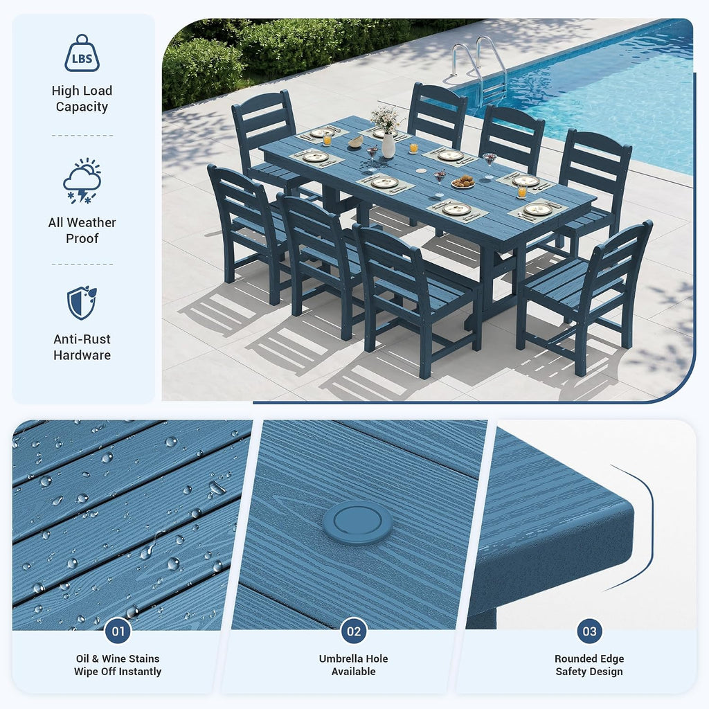 KINGYES Outdoor Dining Set,84'' Table w/Umbrella Hole & Armless Chairs,Blue