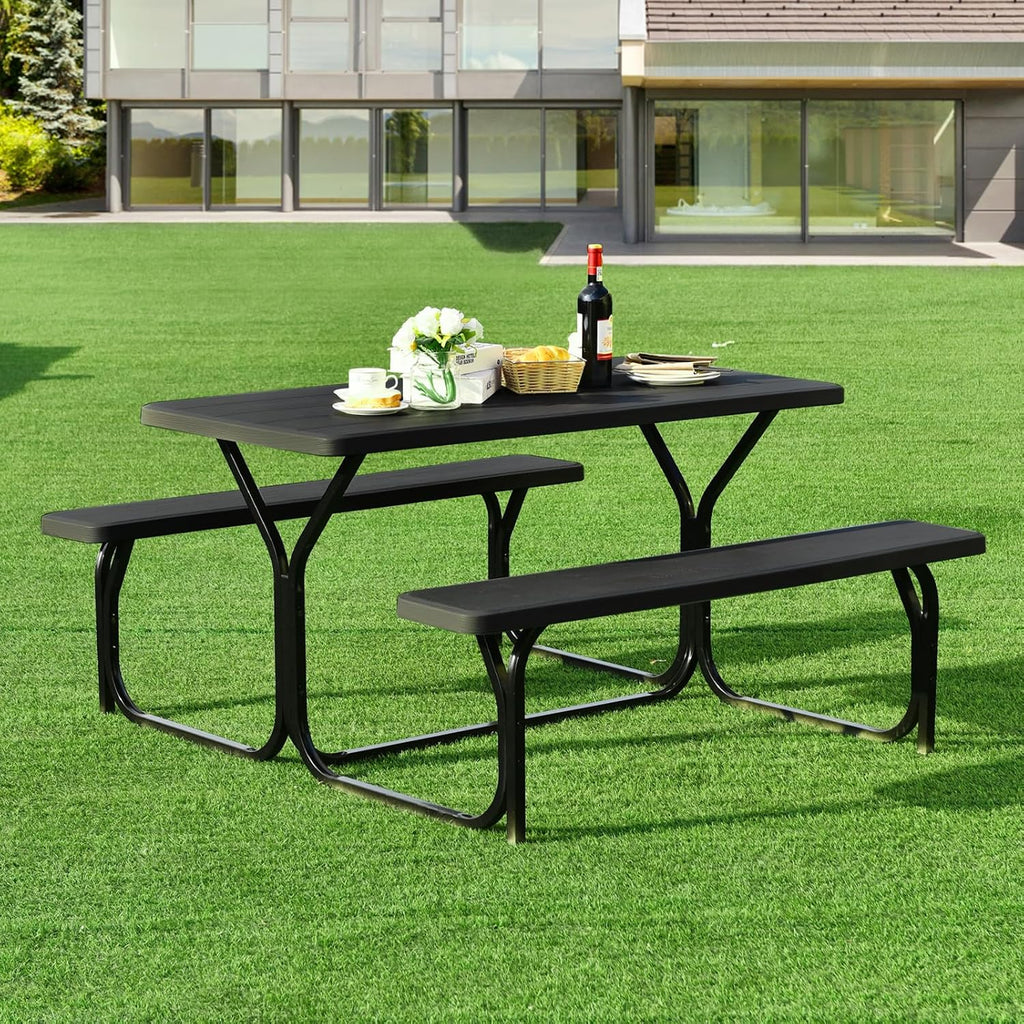 S AFSTAR Picnic Table, 59” Plastic Picnic Table with Benches, Steel Frame & Wood-Like Texture Tabletop, Expanded Rectangular Camping Table Chair Set for Garden Patio Lawn Deck (Black)