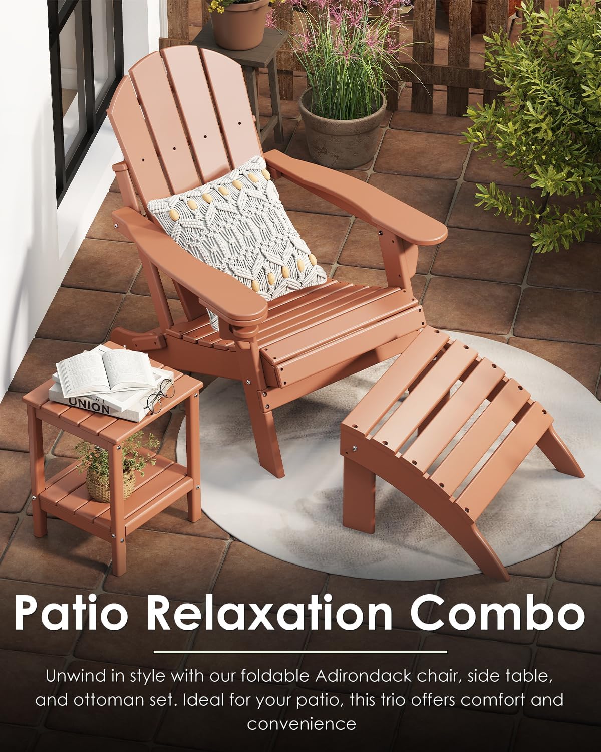GREENVINES Folding-Adirondack-Chairs Set of 2, HDPE All Weather, Teak