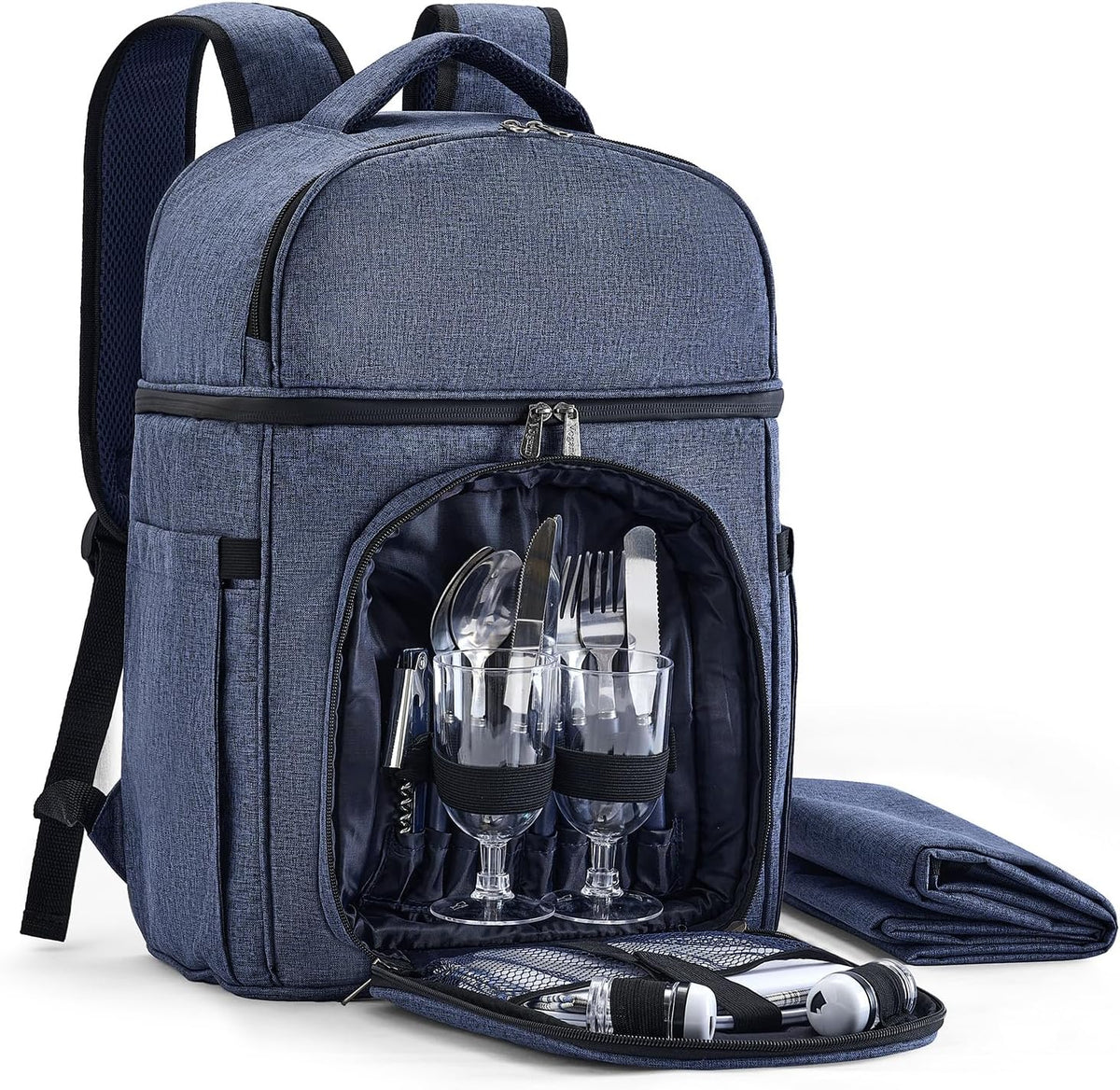 Vogano Picnic Backpack & Accessories – Insulated Picnic Set for 2 Person with Dual Compartments, Lightweight Blanket, Cutlery Set, for Newlyweds and Couples Gifts Blue