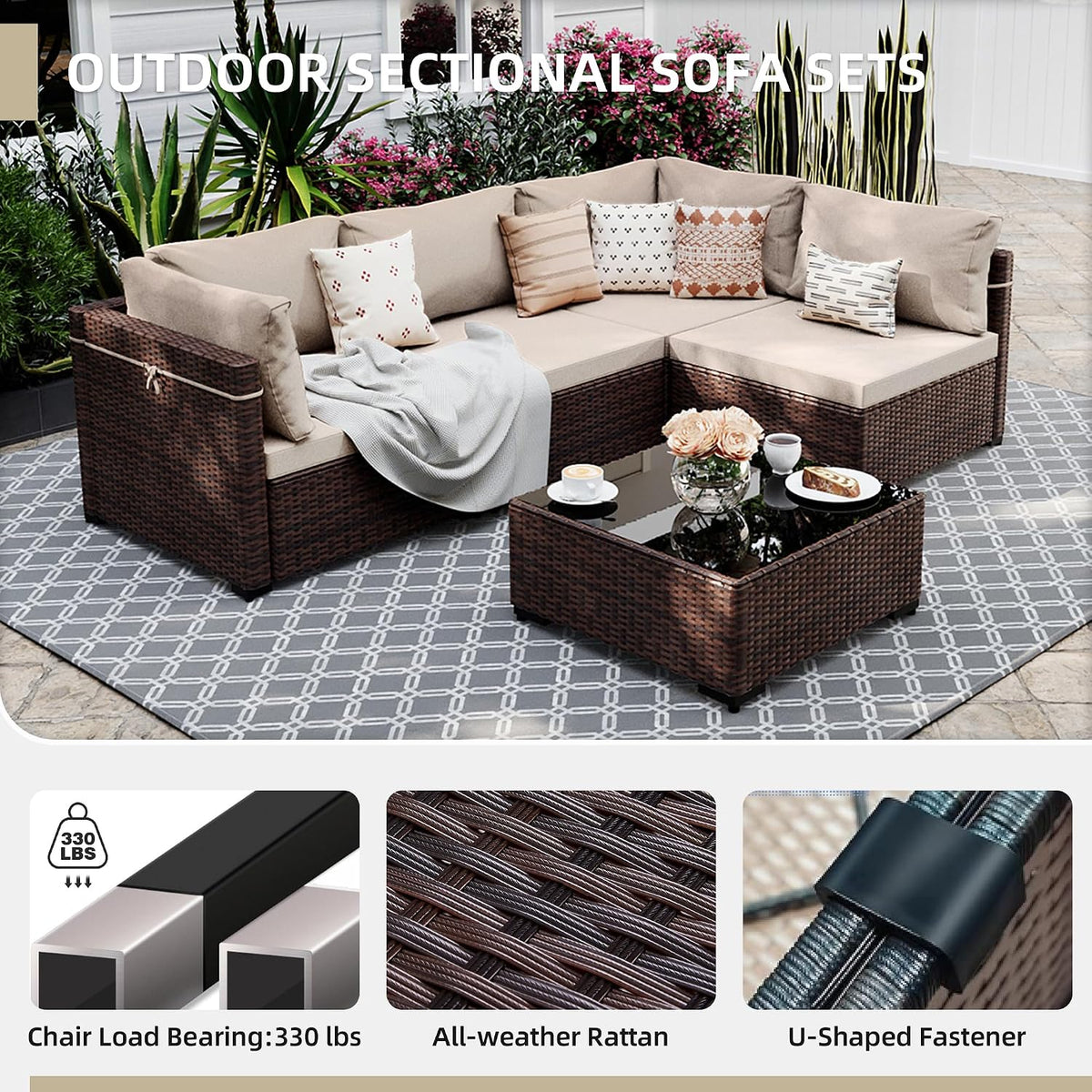 UPHA 5-Piece Wicker Patio Furniture Set with Coffee Table, Beige
