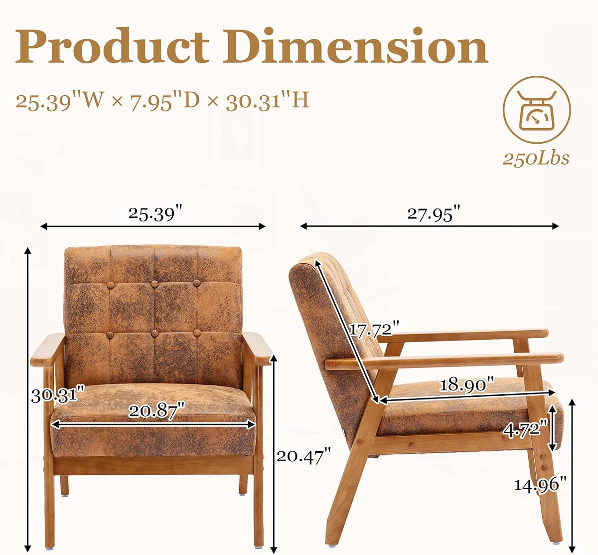 Modern Accent Chair, Mid-Century Technical Fabric Armchair with Solid Wood Armrests, Button-Tufted Comfortable Cushioned Reading Chairs for Living Room, Bedroom (Coffee)