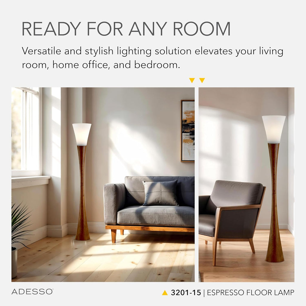 Adesso Floor Lamp, Bronze & Walnut Poplar Wood, Modern Design, 68”