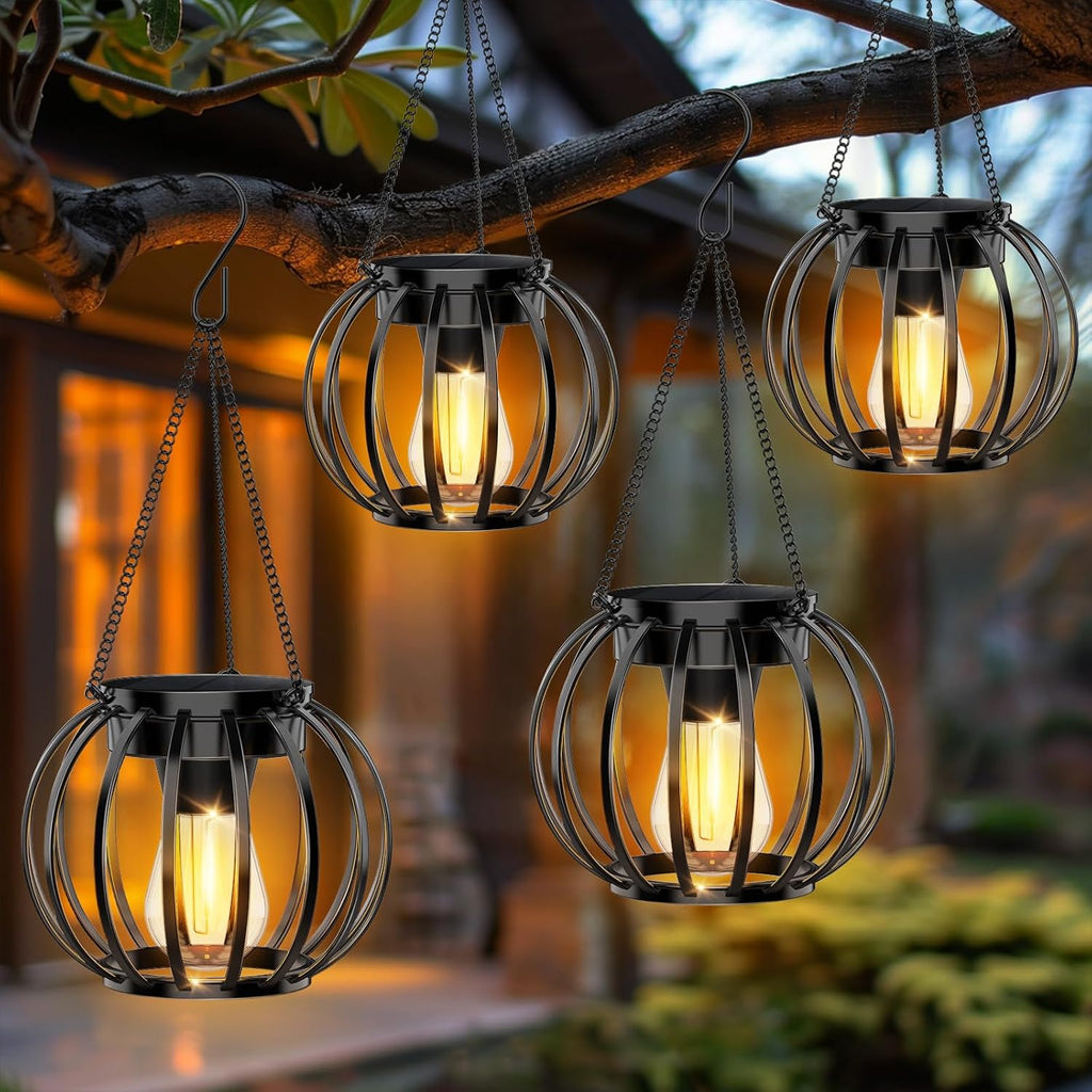 Hanging Solar Lanterns Outdoor Waterproof: 4 Pack Metal Garden Patio Lights