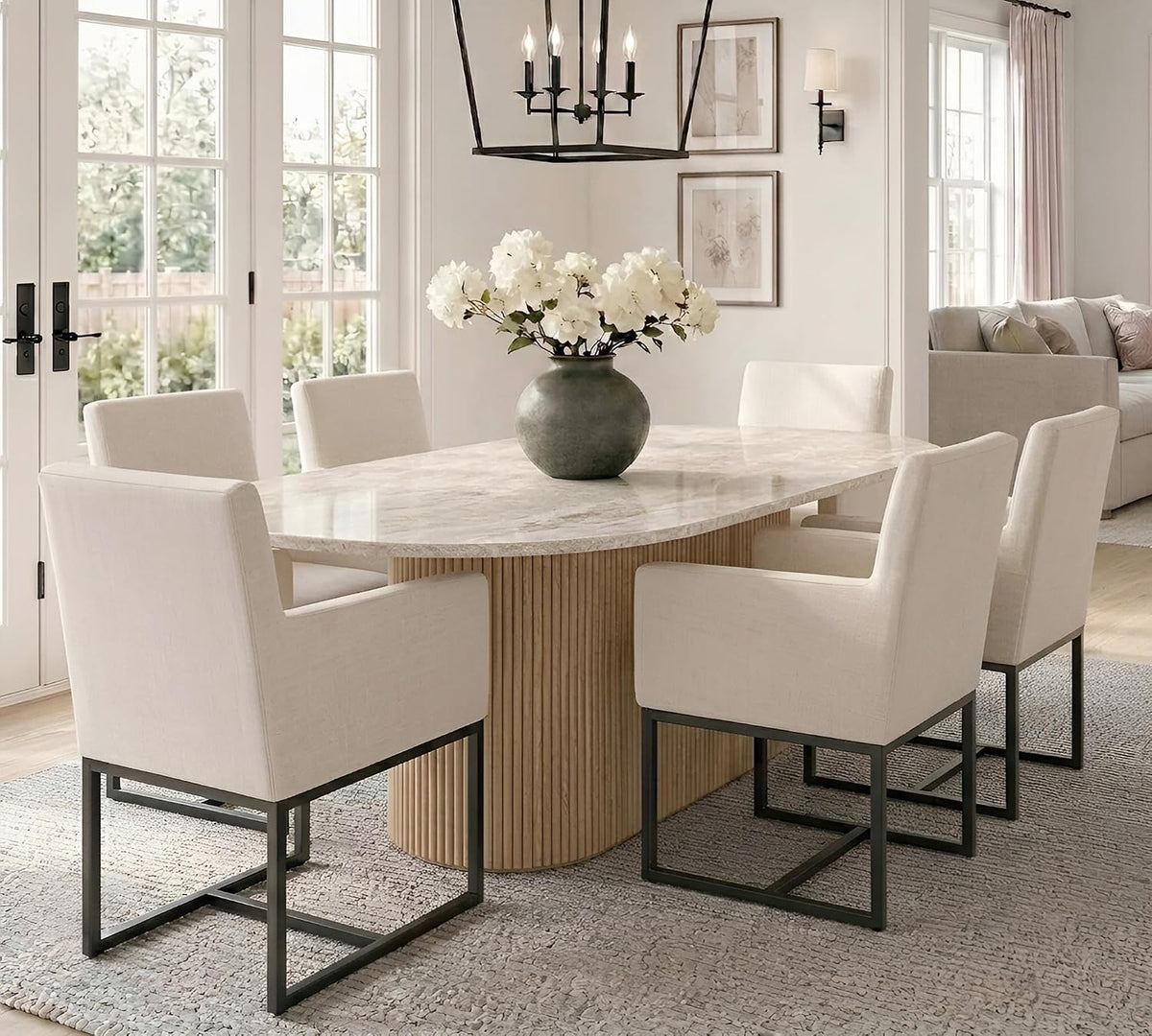 HNY Mid Century Modern Upholstered Dining Chairs with Arms Set of 6, Linen Accent Chairs with Black Finish Metal Frame, 19" Wide Arm Chairs for Living Room Kitchen Bedroom, Cream