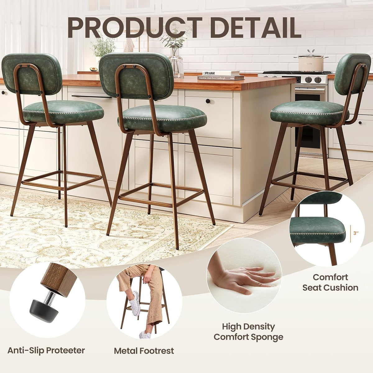 MALOL 26“ PU Leather Swivel Bar Stools Set of 4, Mid Century Counter Height Bar Chairs with Low Back and Metal Legs, Modern Bar Stool Chair for Kitchen Island, Green