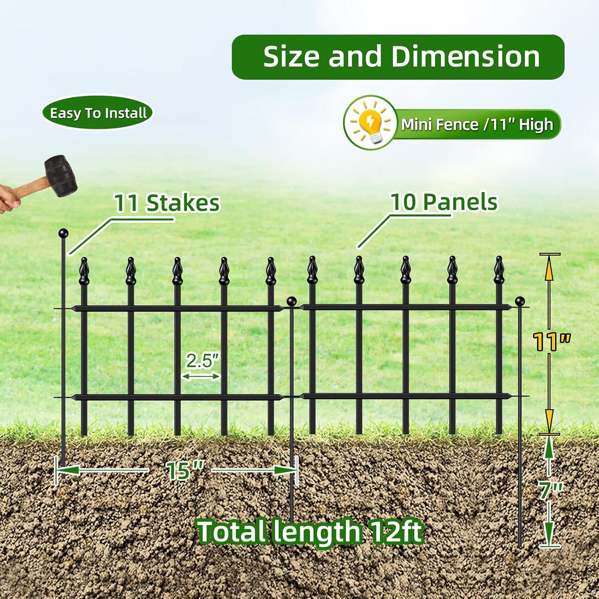 Decorative Metal Garden Fence 11" x 12', Small Fence Border with Stakes