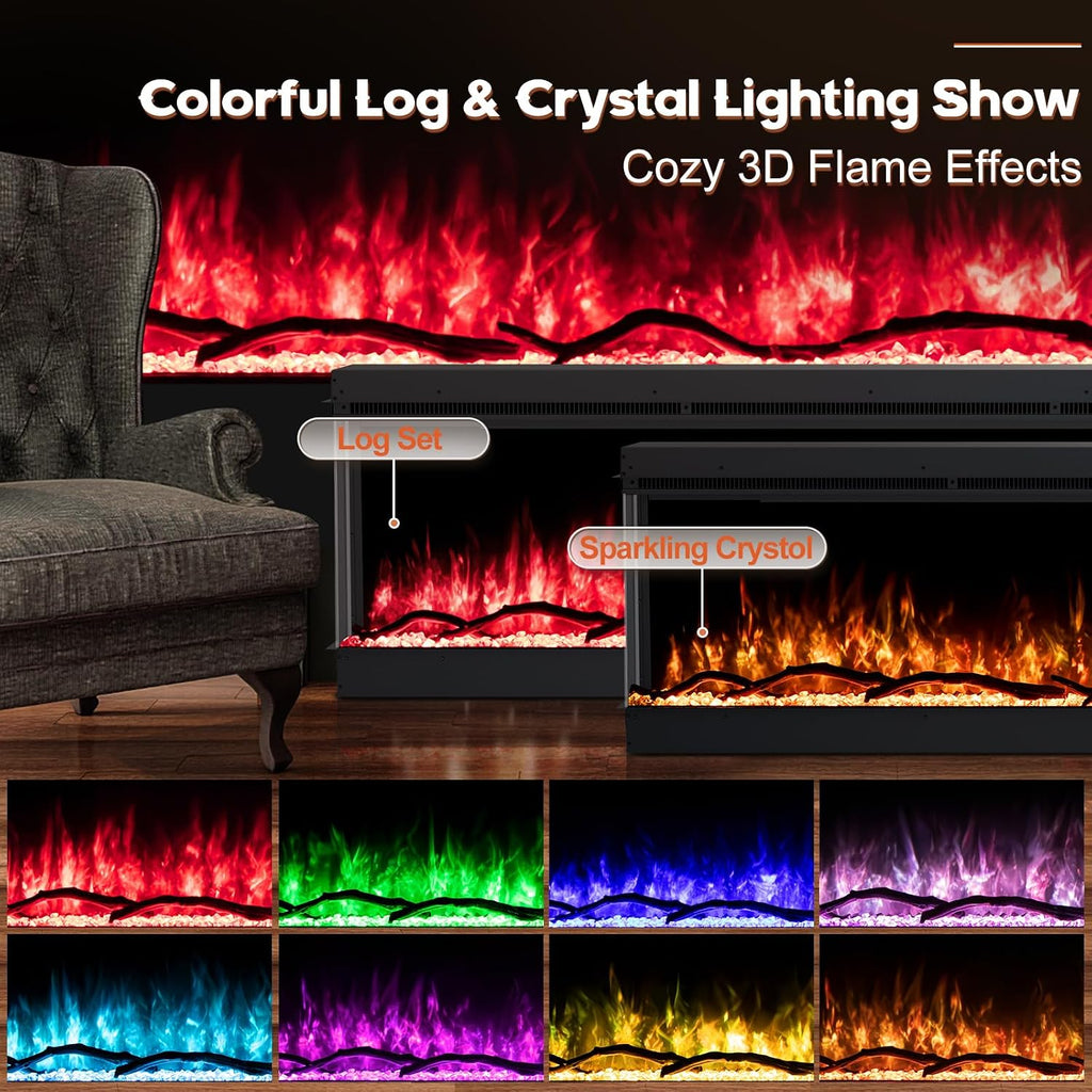 60" 3-Sided Electric Fireplace Recessed, Remote