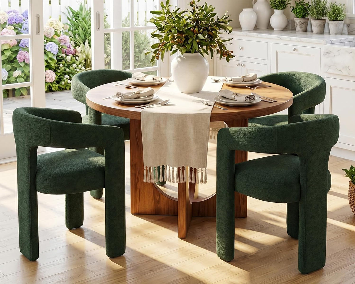 GNIXUU Green Barrel Dining Chair Set of 4, Modern Boucle Upholstered Dining Room Chairs with Arms and Backrest, Comfy Accent Side Chair for Kitchen, Living Room
