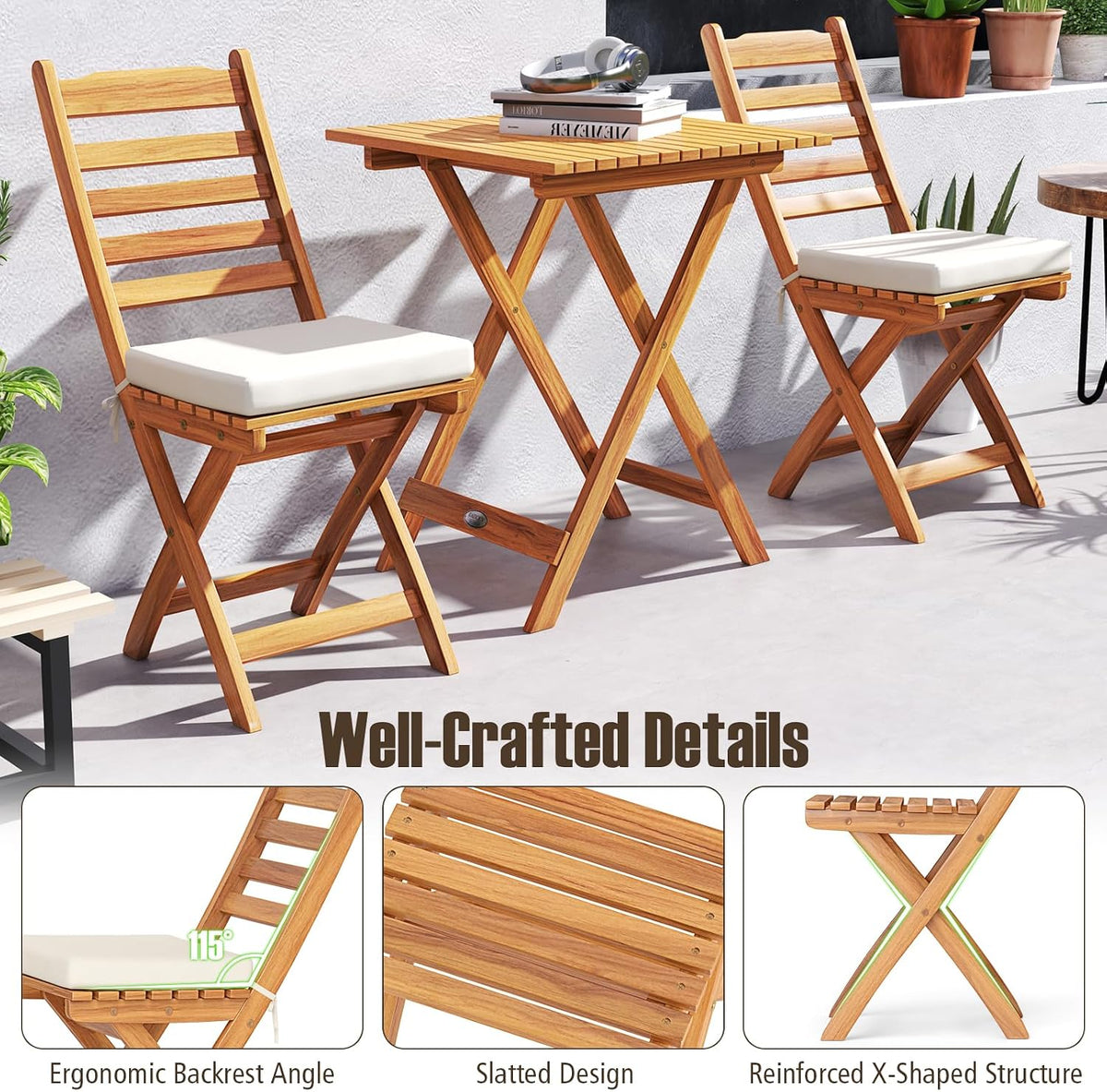 Tangkula Outdoor Wood Bistro Set, Folding Chair Table Set w/Soft Seat Cushions, Acacia Wood High Back Armless Chairs w/Table, Patio Cushioned Dining Set for Backyard, Poolside (White)