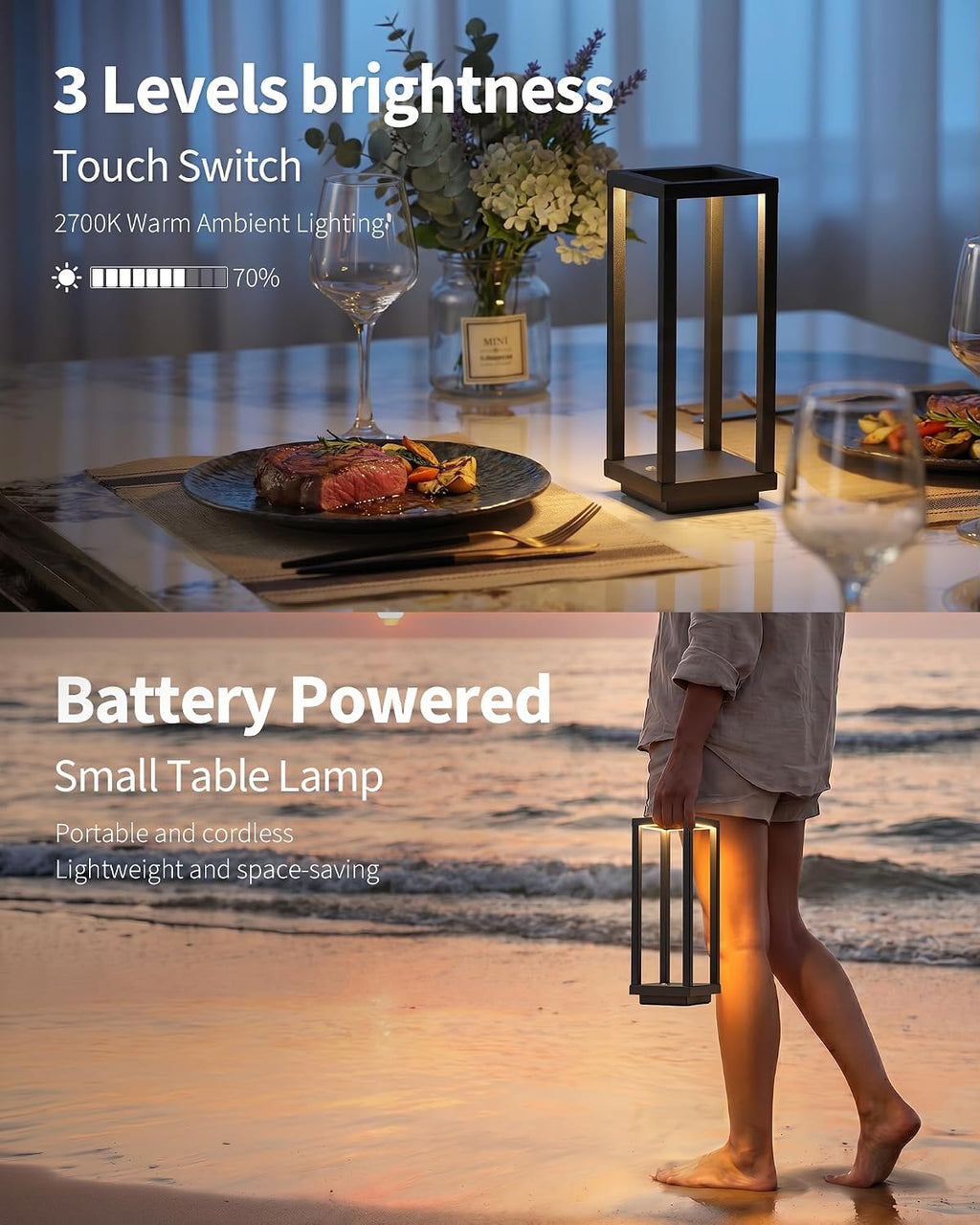 PUSU Cordless Waterproof Table Lamps Set of 2, Black LED Outdoor Desk Lamp