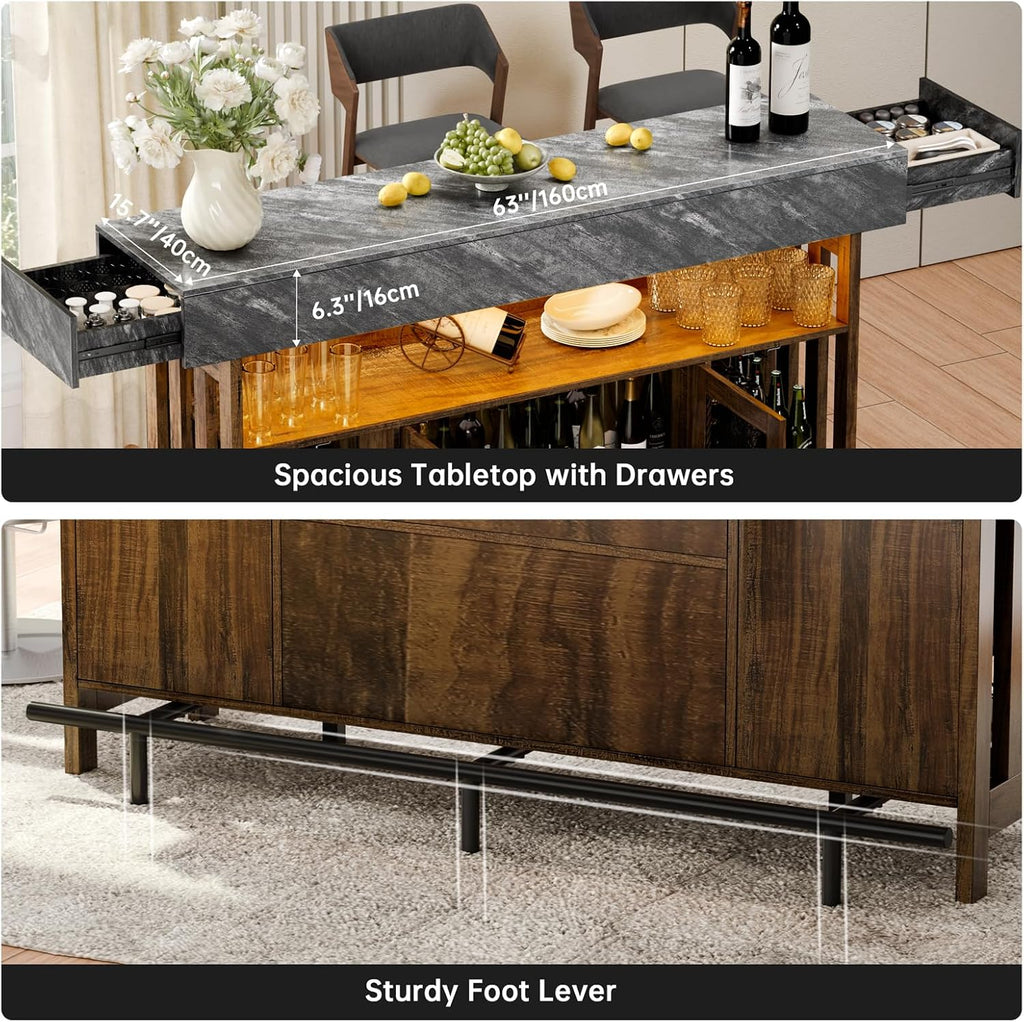 Loomie 63" Brown Bar Table Cabinet with LED, Drawers & Footrest for Home