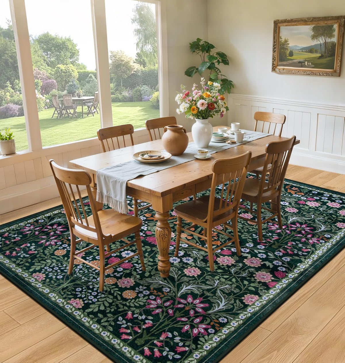 PLHXFR Area Rug 10x14 Living Room: Floral Washable Boho Carpet Dark Green