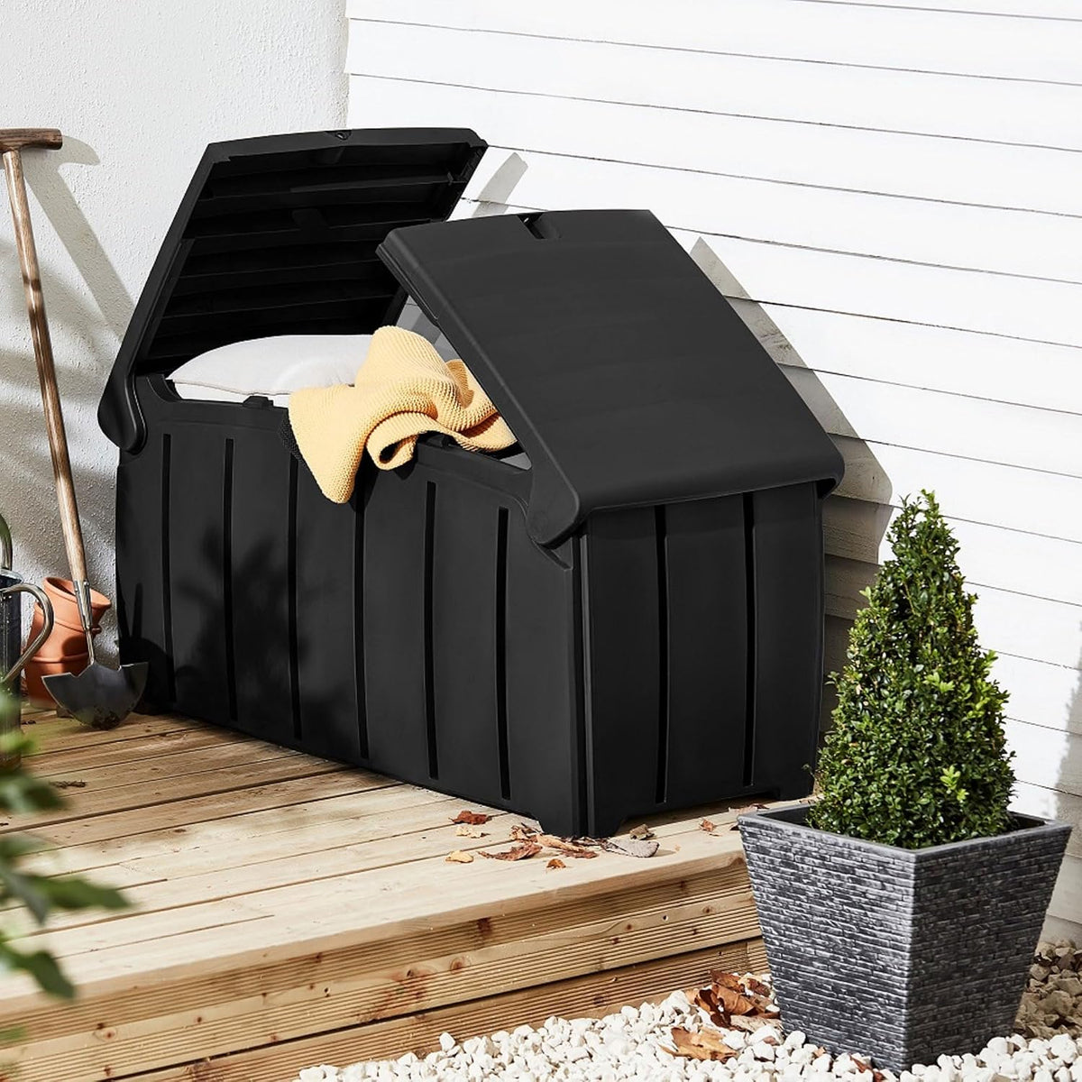 Ward Strata Outdoor Storage Bin, Hinged Lid, Black, 85 Gal