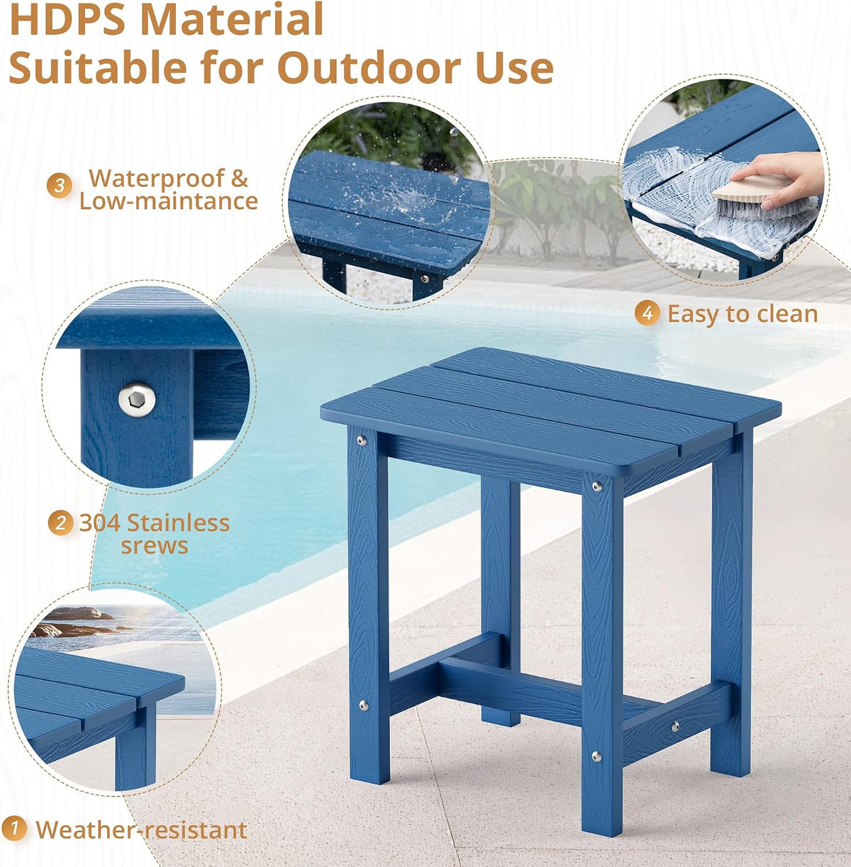 LUE BONA Small Outdoor Side Table,HDPS Adirondack Table for Patio,Navy Blue