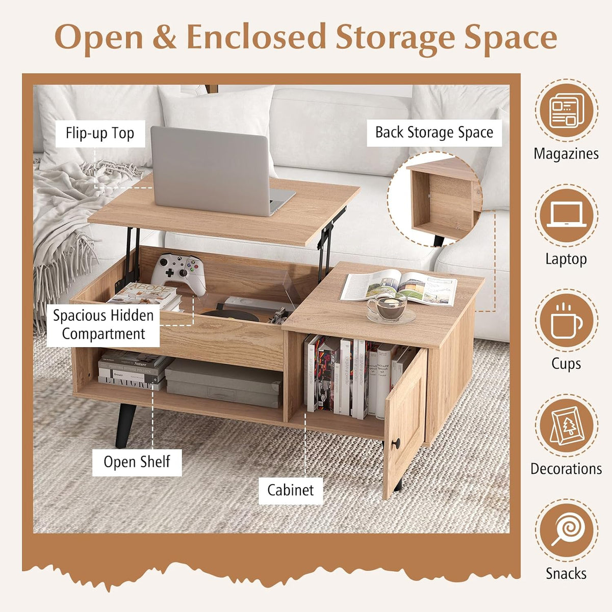 Tangkula Lift Top Coffee Table with Storage, Living Room Table with Hidden Compartment, Cabinet & Open Shelf, Flip Top Center Table, Pull up Coffee Table for Home, Office (Natural)