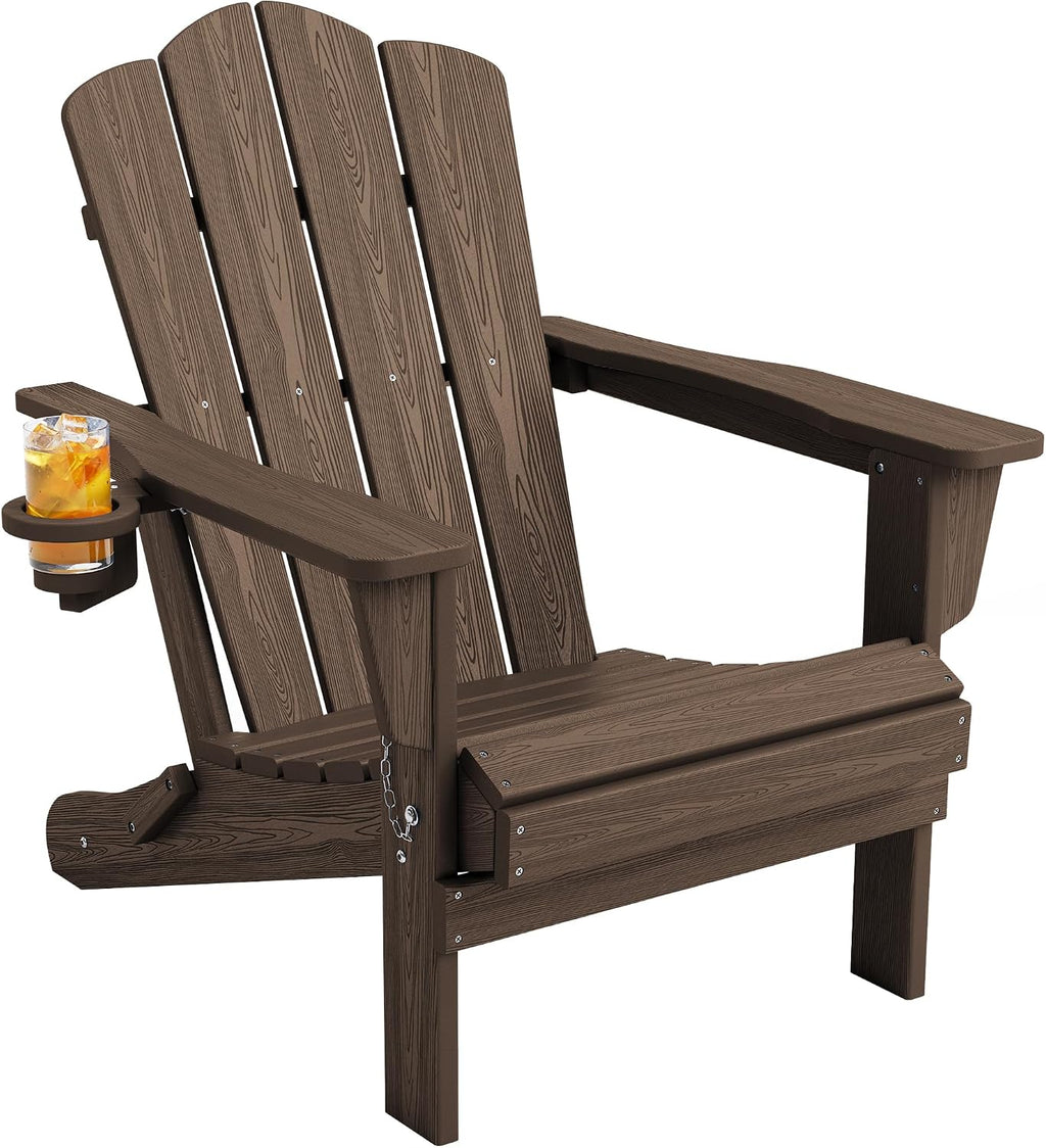 KINGYES Folding Adirondack Chair with Cup Holder, Coffee