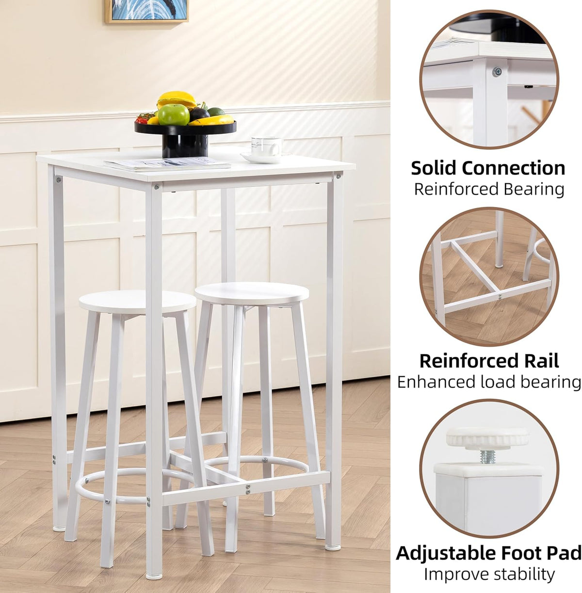 Finnhomy Bar Table Set, 23.6" Pub Table High Top Table, Square Bar Height Table, Bar Table with Stools, Kitchen Table Set for 2, Industrial Breakfast for Kitchen, Living Room, White