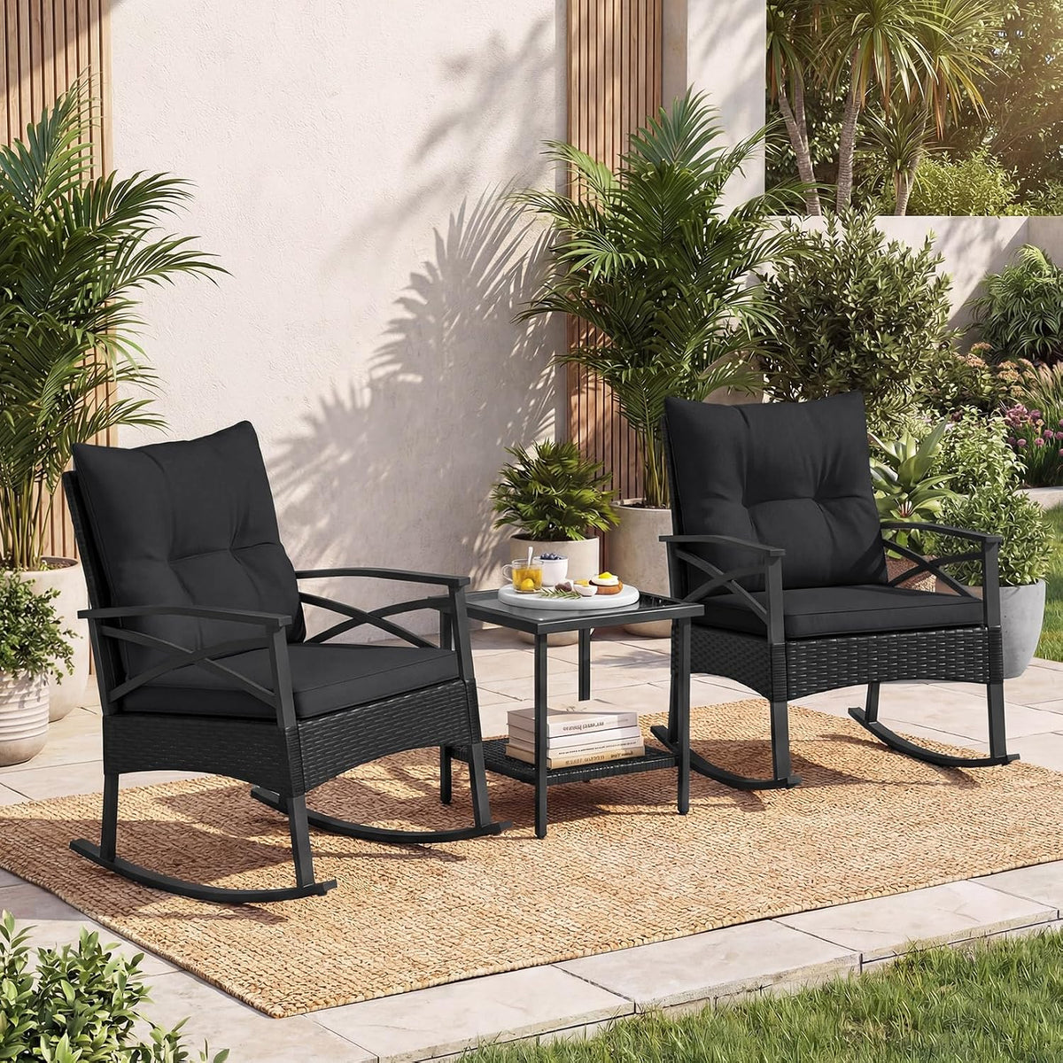 Tangkula 3 Pieces Wicker Outdoor Rocking Chairs Set