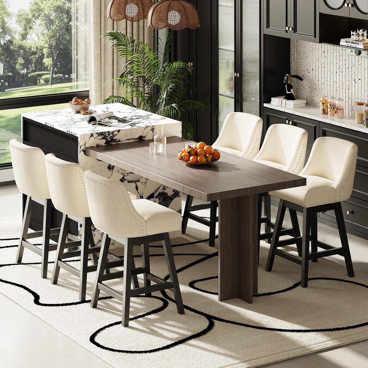 MALOL 27" Swivel Bar Stools Set of 3, Upholstered Barstools with Padded Seats and Solid Wood Legs, Counter Height Kitchen Stools for Kitchen Island, Breakfast Nook, Beige