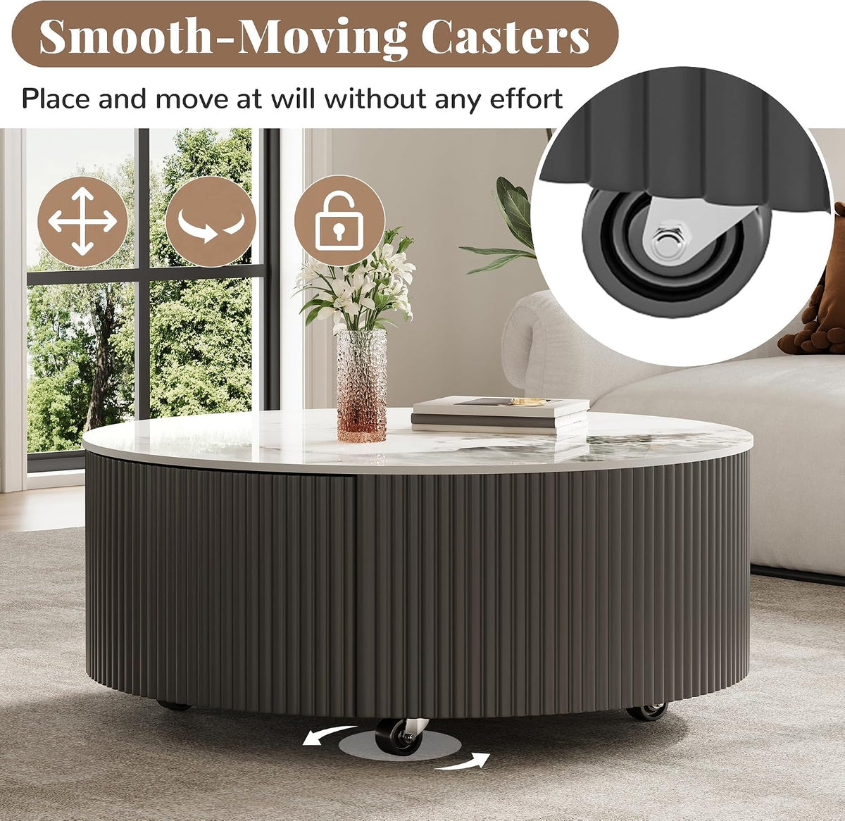 Round Coffee Table with Storage, Modern Movable Coffee Table with Marble Patter Sintered Stone Top and Wheels, Grey