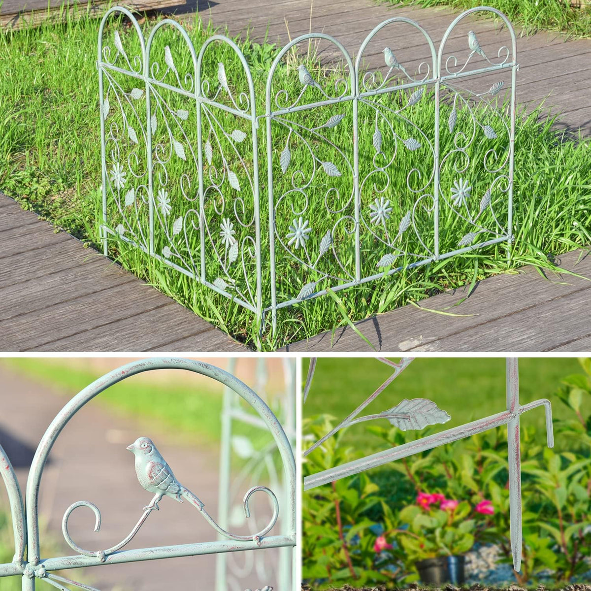 Sungmor 25in x 8ft Metal Garden Fence Border, Rustic Style Decorative Garden Fence Animal Barrier, Landscape Pathway Edge Iron Picket Fence Panels, Plant Support Climbing Trellis, Pack of 4