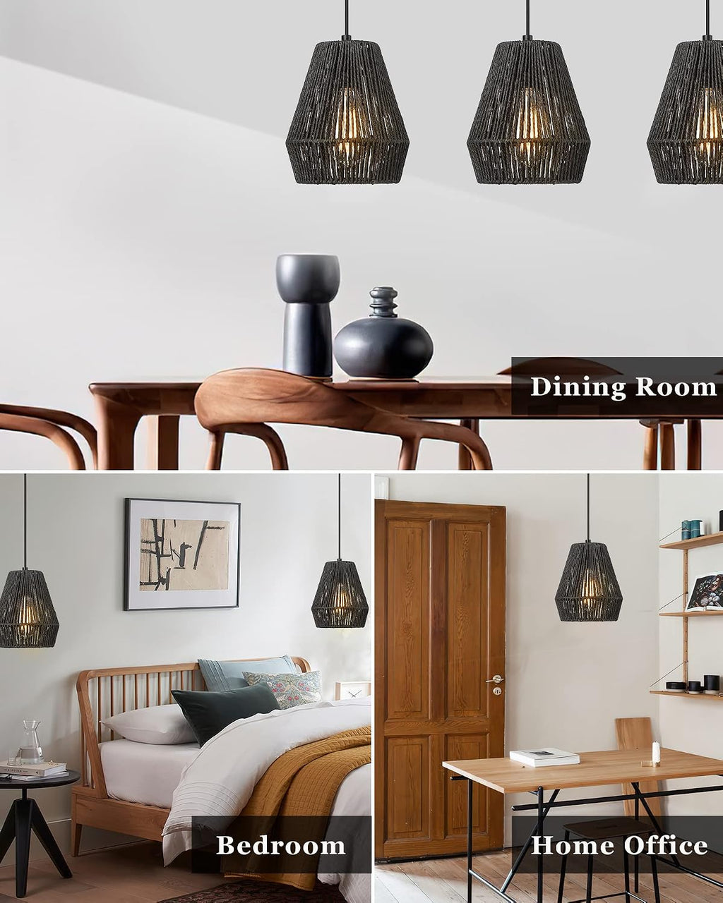 ELYONA Modern Woven Pendant Light Fixtures, 7" Farmhouse Coastal Hanging Lamp, Matte Black Handwoven Rattan Basket Shade, Boho Pendant Light for Kitchen Island Bar,Dining Room, Bedroom,Hallway 3 Pack
