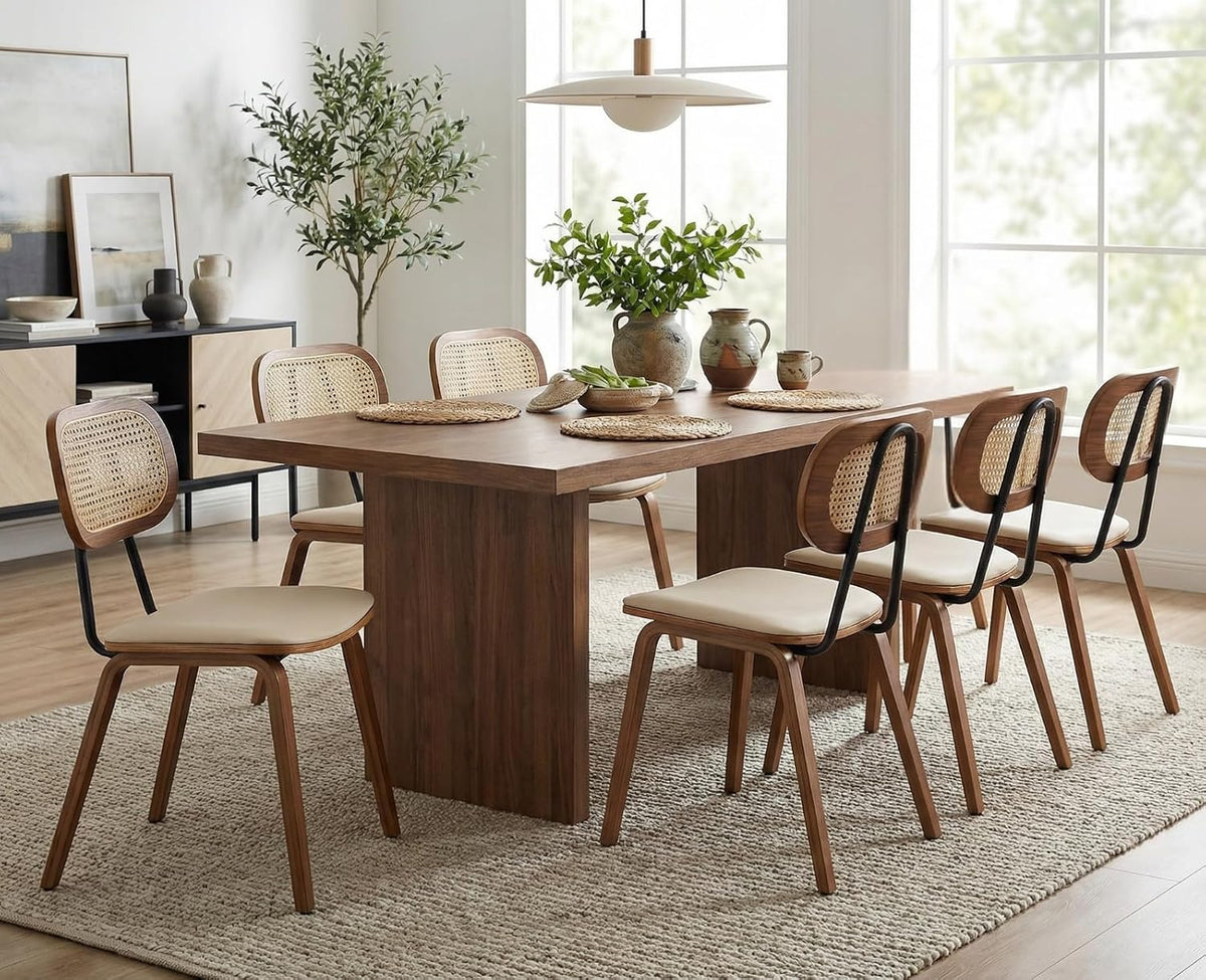 HEAH-YO Modern Dining Chairs Set of 2, Upholstered Faux Leather Dining Room Chairs with Rattan Backrests and Wood Legs, Armless Kitchen Chairs for Dining Room, Beige