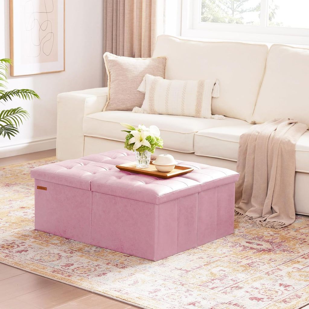 HAUSFRAU Ottoman with Storage Bench Folding Foot Rest Stool Pink