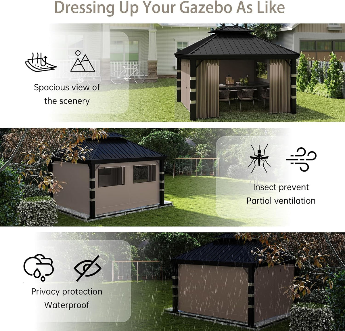 10x12 Gazebo Curtains Outdoor Waterproof, 4 Privacy Side Panels(Brown)