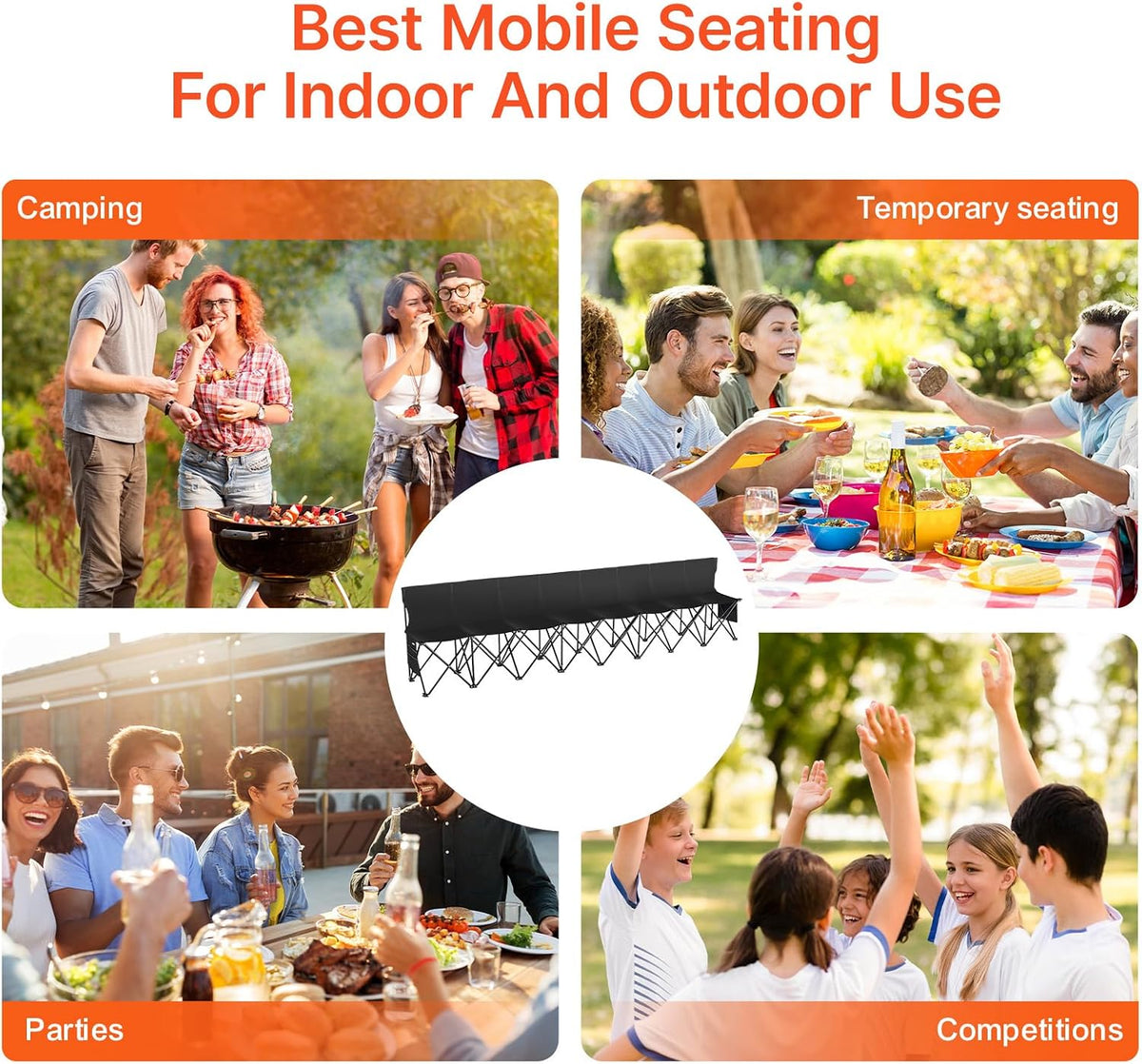 VEVOR Portable Folding Bench, 8 Seats Foldable Sideline Bench, Outdoor Camping Chair with Carry Bag & Backrest, Team Sport Sideline Bench for Football Fishing, No Assembly Instant Seating, Black